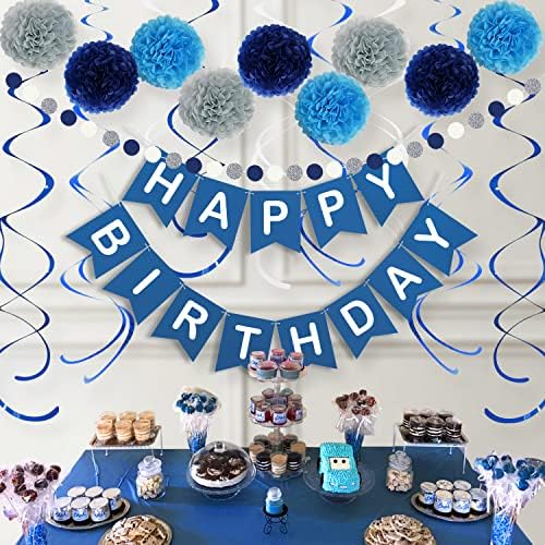 קישוטי יום הולדת כחול כהה ליטאוס-חבילה של 20 / באנר יום הולדת שמח, נייר טישו | מערבולות, זר